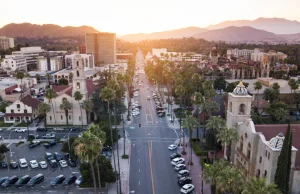 Sunset aerial view of downtown Riverside – cheap car insurance in California.