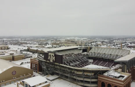 An aerial view of the Kyle Football Field covered in snow in College Station, Texas, USA – College Station, cheap car insurance in Texas
