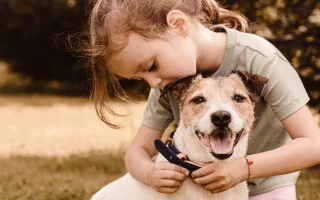 Little girl puts on dog collar on her pet dog to go for a walk.