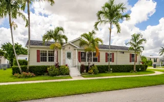 Modern style mobile home with palm trees in yard.