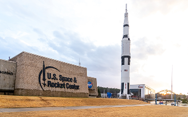 The exterior view of the U.S. Space and Rocket Center in Huntsville, cheap car insurance in Alabama.